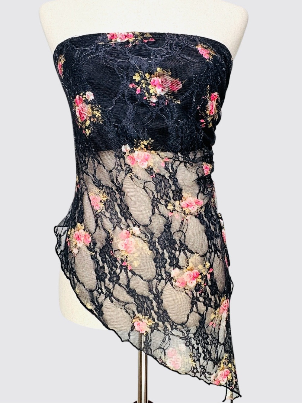 Oh Polly USA Women’s XS Top Black Handkerchief Sheer Embroidered Lace Bandeau 90
